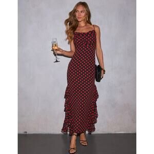 Vici Amala Red Polka Dot Maxi Dress Ruffle Slit Flirty Romance Small